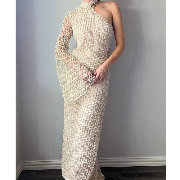 Sandra Mansour Cream Crochet Net One Shoulder Asymmetric Maxi Dress - Picture 1 of 12